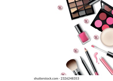 Vector make-up background with space for your text and cosmetic tools on white background from top view