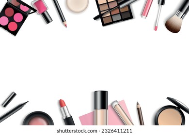 Vector make-up background with space for your text and cosmetic tools on white background from top view