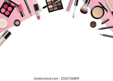 Fondo de maquillaje vectorial con espacio para su texto y herramientas cosméticas sobre fondo blanco desde la vista superior