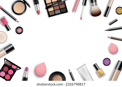 Vector make-up background with space for your text and cosmetic tools on white background from top view