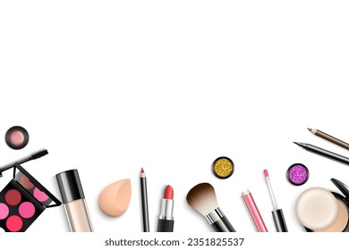 Fondo de maquillaje vectorial con espacio para su texto y herramientas cosméticas sobre fondo blanco desde la vista superior