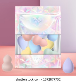 Vector Makeup Blender or Sponge with Holographic or Iridescent Zip Lock Bag Packaging. Geometic Pattern Print.