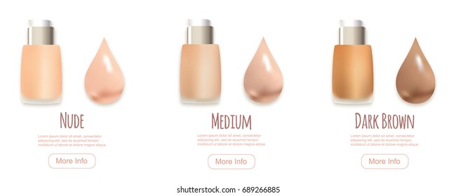 Vector makeup bottles, drops swatches, different colors, description, more info button. BB cream online shopping web page concept, vector illustration. Woman's cosmetics concept isolated on white. 