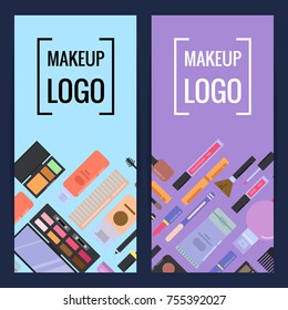 Vector makeup brand banners or flyers with flat style makeup and skincare backgrounds illustration
