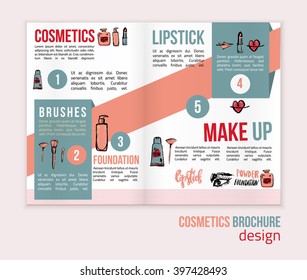 Vector Makeup brochure background. Glamorous makeup brochure with nail polish and lipstick. Creative brochure design for card, web design background, book cover.