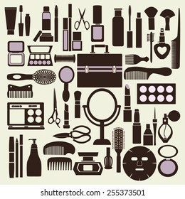 Vector makeup cosmetic beauty silhouettes set icon isolated on white-background - Illustration