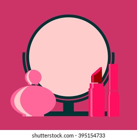 Vector makeup cosmetic beauty silhouettes set. Round mirror, perfume, mascara and lipstick icons. Flat style design