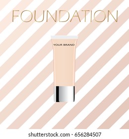 Vector makeup cosmetic illustration for the promotion of foundation premium product. Colorstay make-up in plastic bottle/tube on a soft beige background, striped with a pattern for your brand