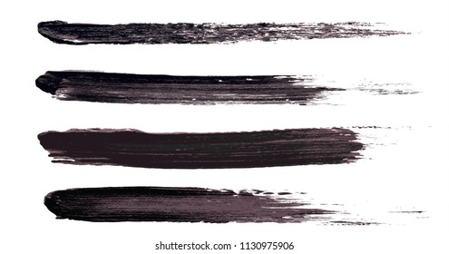 Vector make-up cosmetic mascara brush stroke texture design isolated on white. Realistic mascara smear set template. Mascara eyelashes brush stroke makeup. Black hand drawn lash scribble swatch.