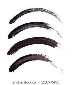 Vector make-up cosmetic mascara brush stroke texture design isolated on white. Realistic mascara smear set template. Mascara eyelashes brush stroke makeup. Black hand drawn lash scribble swatch.