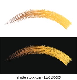 Vector make-up cosmetic mascara brush stroke texture design isolated on white. Realistic mascara golden smear template. Mascara eyelashes brush gold stroke makeup. Golden drawn lash scribble swatch