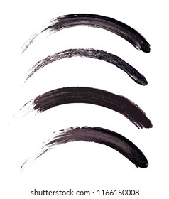 Vector make-up cosmetic mascara brush stroke texture design isolated on white. Realistic mascara smear set template. Mascara eyelashes brush stroke makeup. Black hand drawn lash scribble swatch