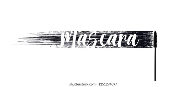 Vector make-up cosmetic mascara brush stroke texture design isolated on white. Realistic mascara smear template. Mascara eyelashes brush stroke makeup. Black hand drawn lash scribble swatch