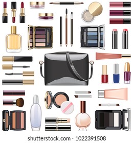 Vector Makeup Cosmetics with Black Handbag isolated on white background