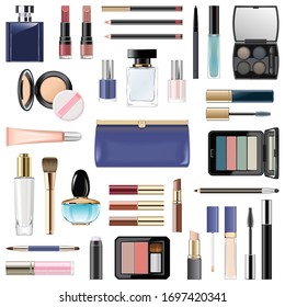 Vector Makeup Cosmetics with Blue Cosmetic Bag isolated on white background