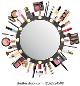 Vector Makeup Cosmetics Concept with Mirror isolated on white background