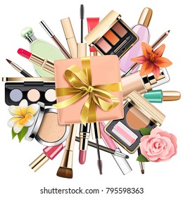 Vector Makeup Cosmetics with Gift isolated on white background