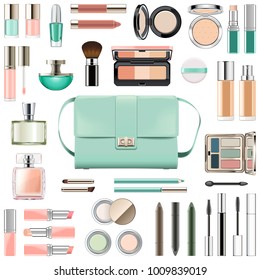 Vector Makeup Cosmetics with Mint Green Handbag isolated on white background