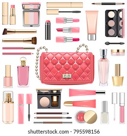 Vector Makeup Cosmetics with Pink Handbag isolated on white background