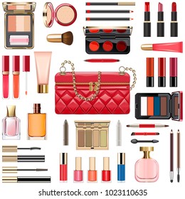 Vector Makeup Cosmetics with Red Handbag isolated on white background