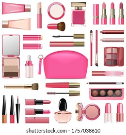 Vector Makeup Cosmetics with Rose Cosmetic Bag isolated on white background