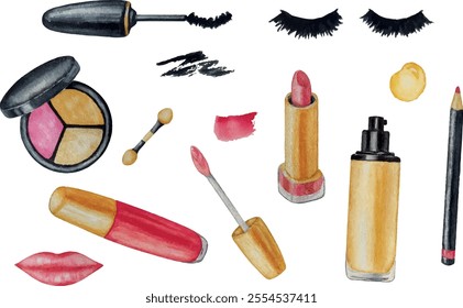 Conjunto de cosméticos de maquiagem de vetor. Olho sombra fundação rímel batom batom brilho labial. Isolado no fundo branco. Ilustração em aquarela. Para o seu design