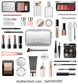 Vector Makeup Cosmetics with Silver Cosmetic Bag isolated on white background