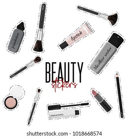 Vector make-up essentials: mascara, lipgloss, lipstick, set of brushes, foundation, blush, liner. Beauty fashion glamour kit. Cosmetic advertising product sticker, decorative  professional  set