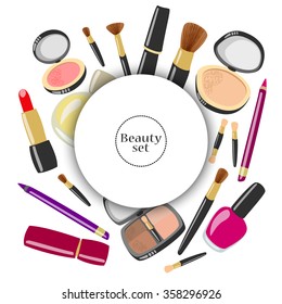 Vector makeup illustration background. Beauty product set with copy space. Mascara, lipstick, eyeliner, blush, powder, eyeshadows, perfume, nail polish, brushes.