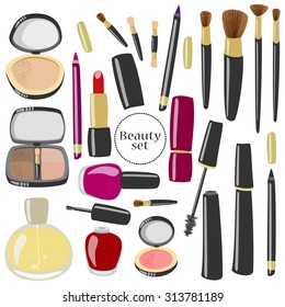 Vector makeup illustration. Beauty product set. mascara, lipstick, eyeliner, blush, powder, eyeshadow, perfume, nail polish, brushes.