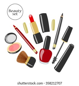 Vector makeup illustration. Beauty product set. Mascara, red lipstick, eyeliner, blush, red nail polish, brushes.