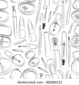 Vector makeup line art illustration. Beauty product seamless pattern in black and white. Mascara, lipstick, eyeliner, blush, powder, eye shadows, perfume, nail polish, brushes.