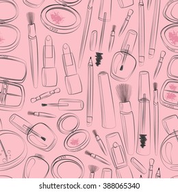 Vector makeup line art illustration. Beauty product seamless pattern on pink background. Mascara, lipstick, eyeliner, blush, powder, eyeshadows, perfume, nail polish, brushes.