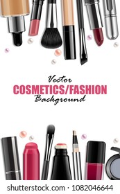 Vector makeup products background. Realistic cosmetics bottles and tools with pearls isolated on white background. Makeup salon decorative banner template. 