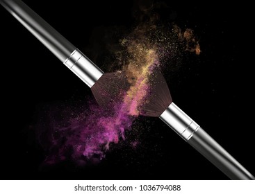 Vector makeup realistic brush for powder. Realistic friable powder, dust from cosmetics. Isolated on black cosmic background.