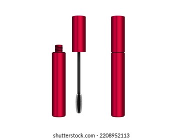 Vector makeup red luxury mascara tube isolated white background  Eyeshadows long vertical brush  open cap  Black ink cosmetology template  Matte plastic box eye shadows  Fashion face paint bottle