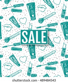 Vector makeup seamless pattern. Cute cosmetics repeat backdrop. Sale banner with  mascara,lipstick,brush,lips, hearts. Sale card in vogue style. Isolated fashion elements on white background