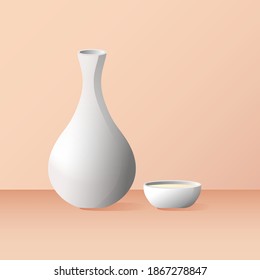 Vector of Makgeolli, Korean traditional alcoholic beverage. Korean rice wine, in a ceramic jug