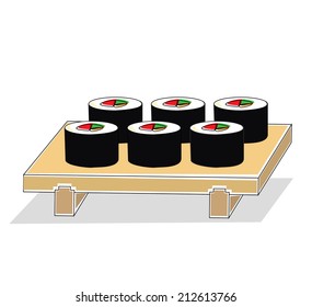Vector of maki sushi roll on wooden sushi plate 