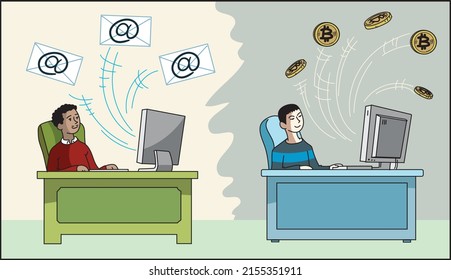 Vector vector making investments for bitcoin and blockchain, Bitcoin Blockchain Concept for web page, banner, presentation, social media, smart team. mining farm, cryptocurrency