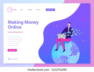 Vector making money online illustration, web landing page concept. Man sitting on earth, earning money with laptop. Successful business and freelance, raising funds, making investments, crowd funding