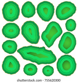 Vector Malachite Geode Slices with Gold Border. Emerald Green Gem Crystal Slabs. Beautiful Natural Stone Texture.