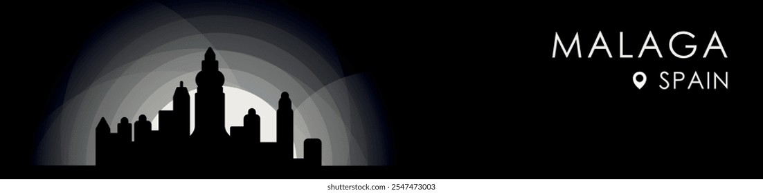 Vector Málaga, España Anuncio de paisaje urbano. Imagen de perfil de cartel en blanco y negro para encabezado, pie de página