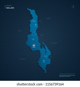 Vector Malawi map illustration with blue neon lightpoints - triangle on dark blue gradient background. Administrative divisions, cities, borders, capital. Neon tech background with glow. 