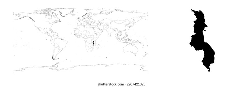 Vector Malawi map showing country location on world map and solid map for Malawi on white background. File is suitable for digital editing and prints of all sizes.