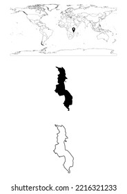 Vector Malawi map, map of Malawi showing country location on world with solid and outline maps for Malawi on white background. File is suitable for digital editing and prints of all sizes.