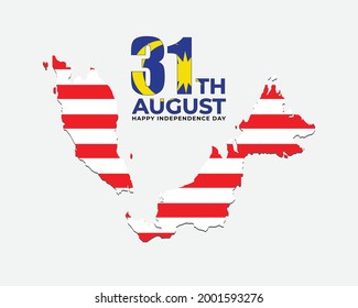 A vector of Malaysia flag colour on 31st August and map with the word Happy Independence Day.