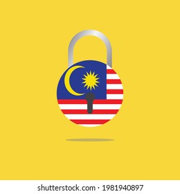 A Vector Of Malaysia Flag In Pad Lock Shapeon Yellow Background. Malaysia Will Having Third Lockdown Caused By Covid-19.