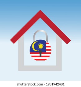 A Vector Of Malaysia Flag In Pad Lock Shape And House. Malaysia Will Having Third Lockdown Caused By Covid-19. All Citizen Need To Stay Safe.