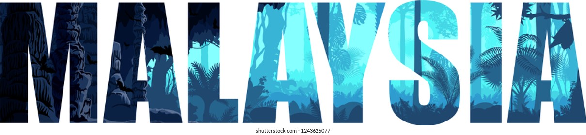 vector Malaysia illustration with jungle rainforest, cave and bats